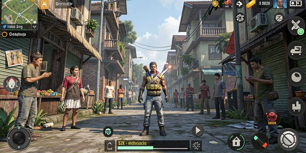 Tampilan gameplay <strong>5ZK</strong> dengan karakter dan rumah yang dapat disesuaikan.
