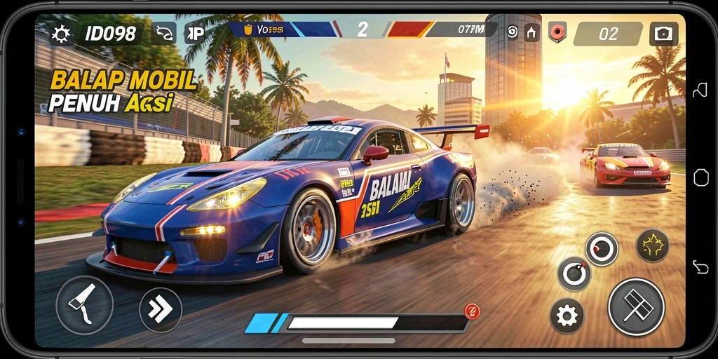 Tampilan gameplay dari ID098 yang penuh aksi balap mobil.