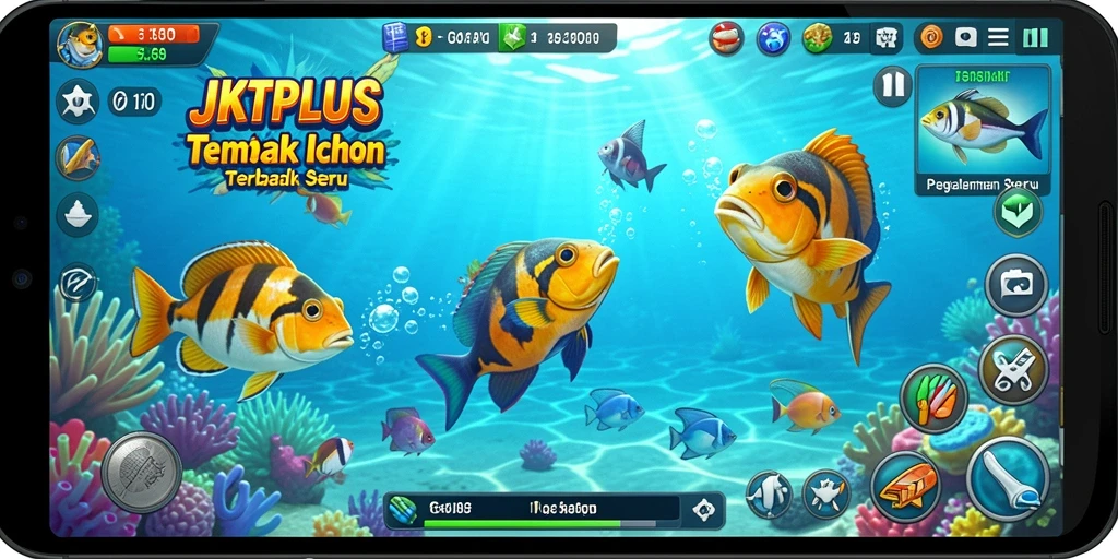 Screenshot utama JKTPLUS menampilkan keseruan saat berburu ikan.