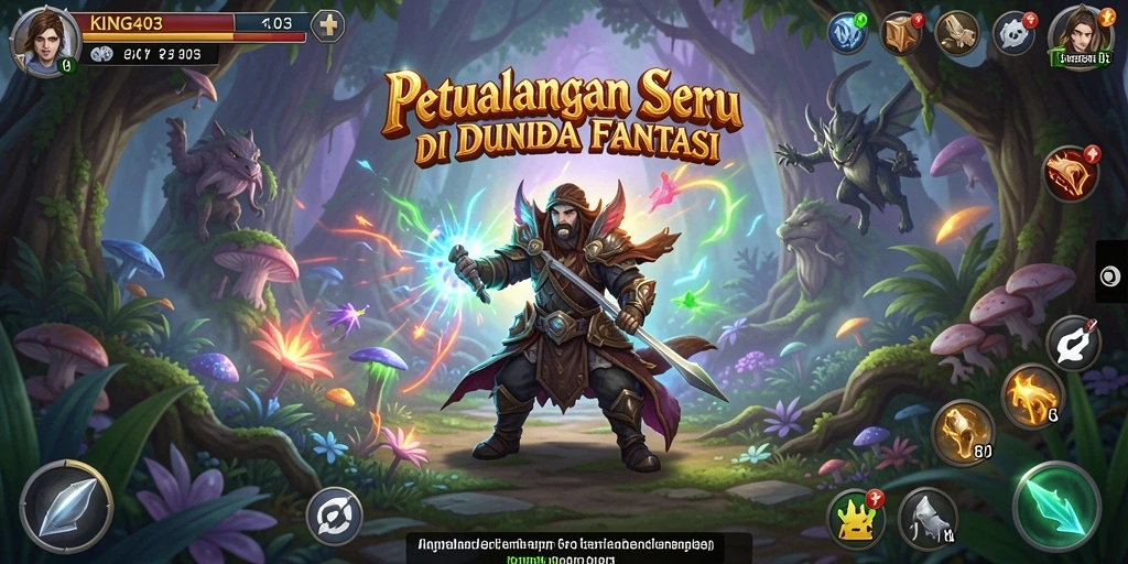 Screenshot gameplay KING403 menunjukkan karakter menjelajahi hutan magis.