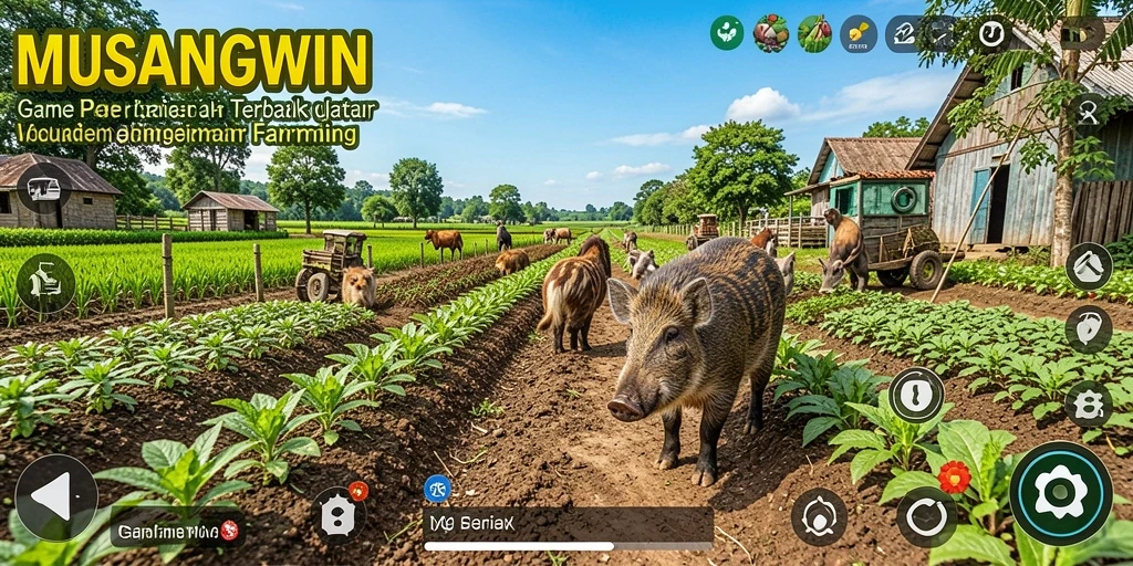 Screenshot utama menunjukkan gameplay seru di dunia pertanian.
