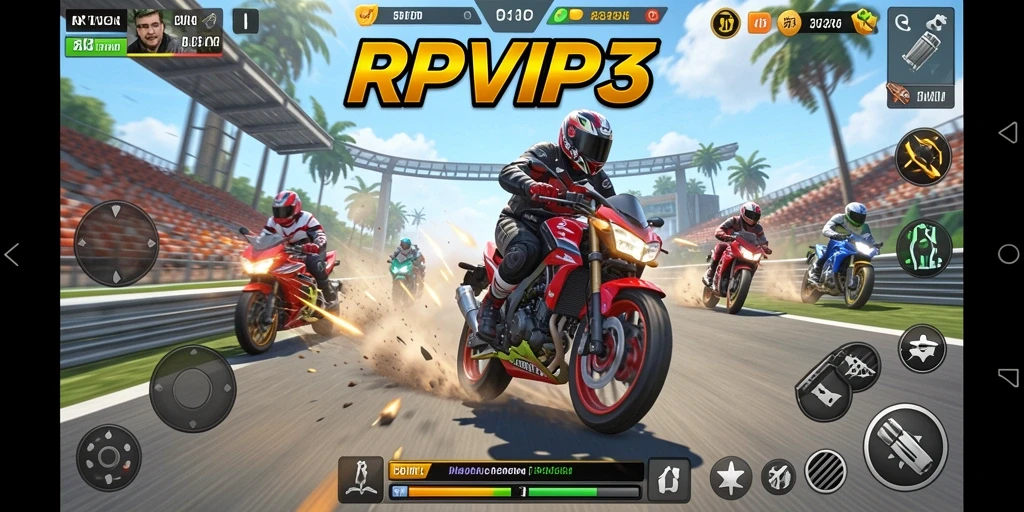 Gameplay seru RPVIP3 dengan balapan motor yang menegangkan.