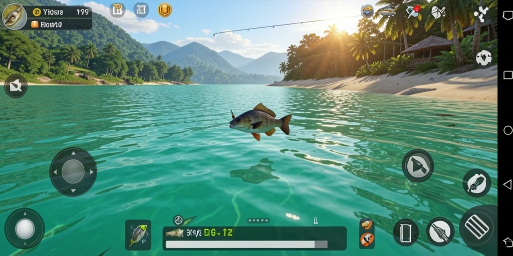 Tampilan gameplay menarik Y89 dengan aktivitas memancing yang seru.